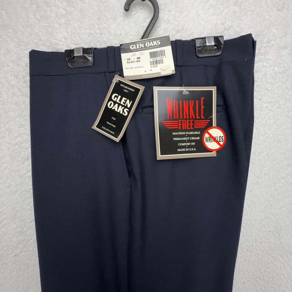 Glen Oaks Mens Navy Blue Wrinkle Free Trousers 38x30 B124-69 Made in USA NWT‎